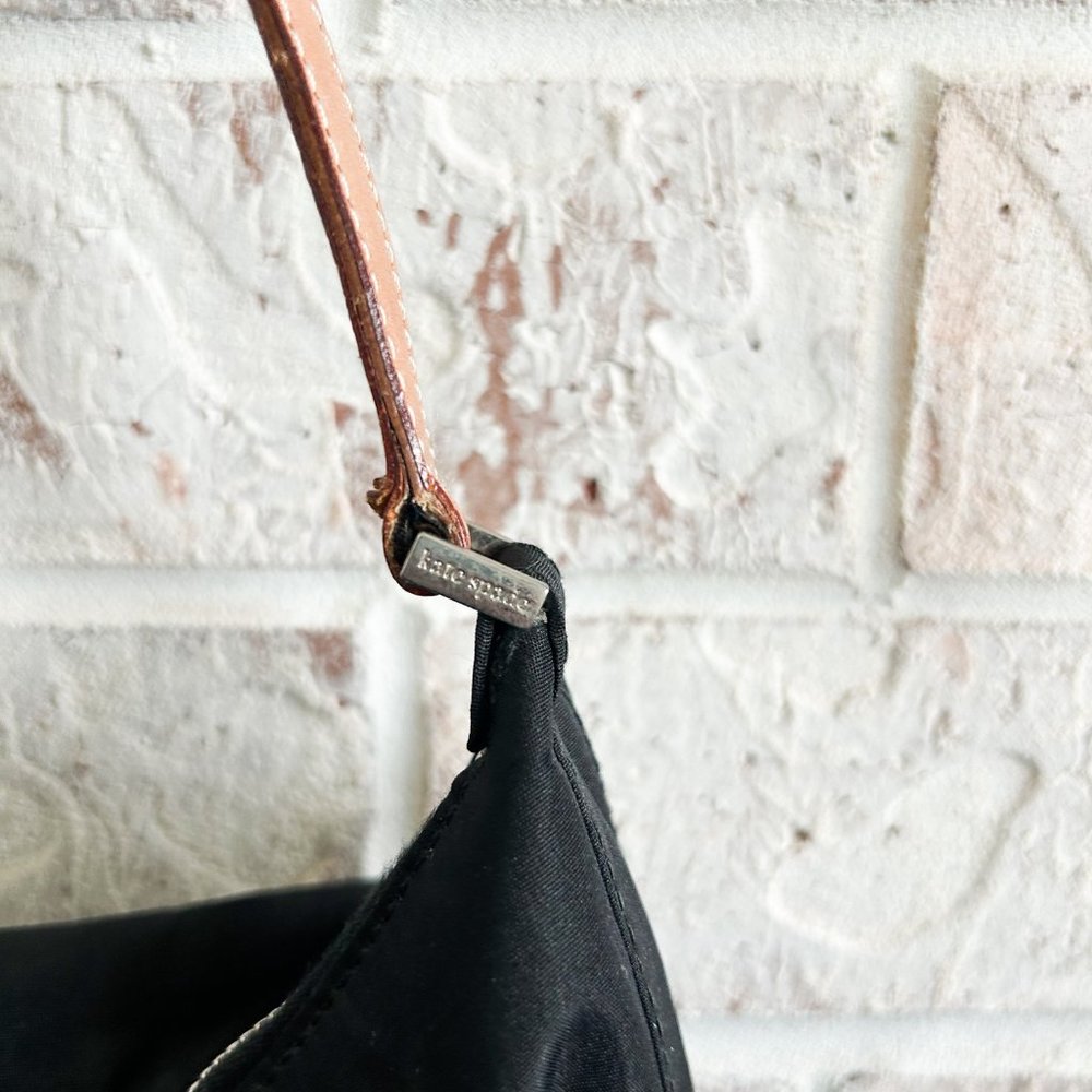 Kate Spade Purse, Black Nylon with Camel Leather Trim, Shoulder Strap Zipper Top - Picture 8 of 9
